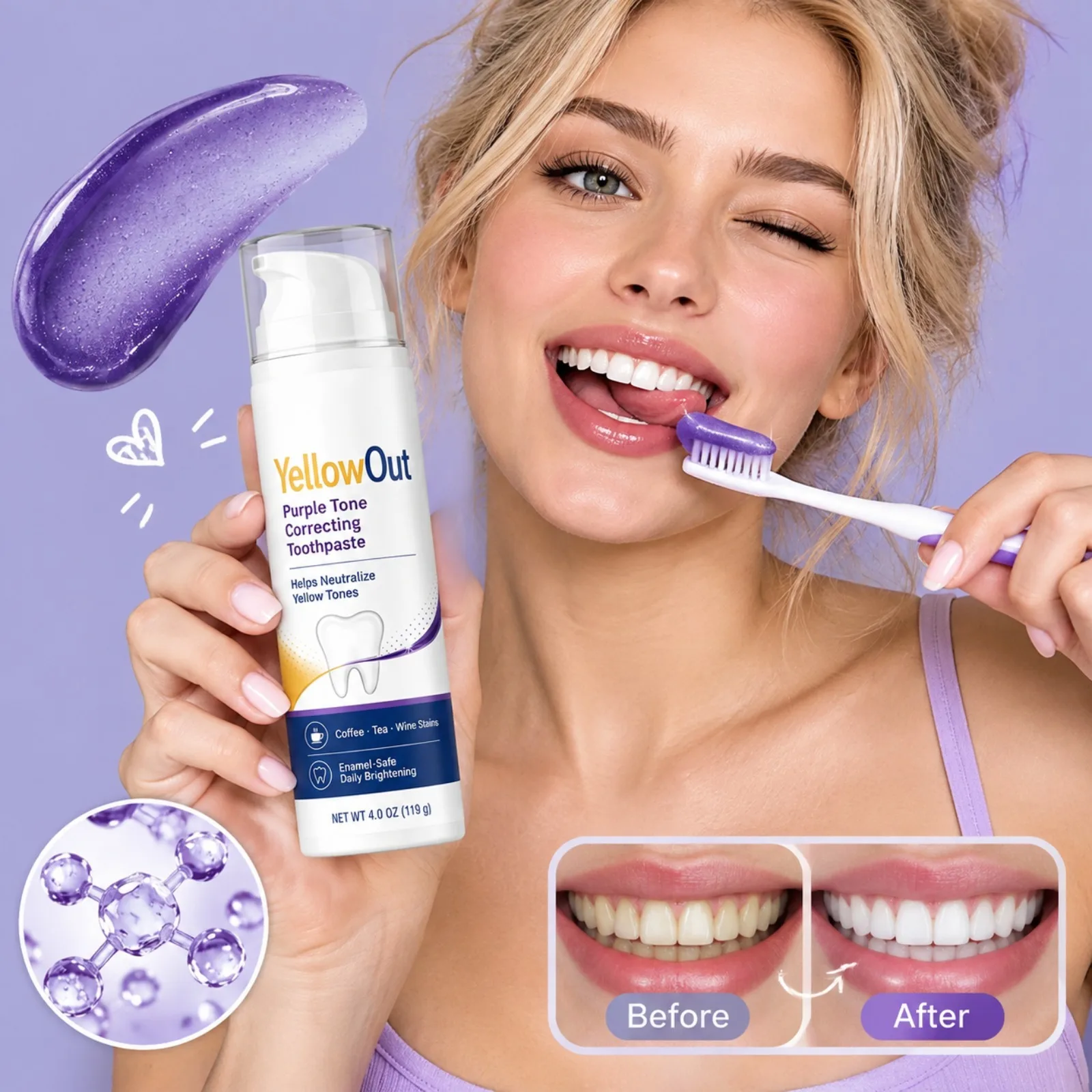 Purple Tone Correcting Toothpaste Yellow Out helps Neutralize Yellow Teeth For Coffee Tea Wine Stains Brightening Oral Care
