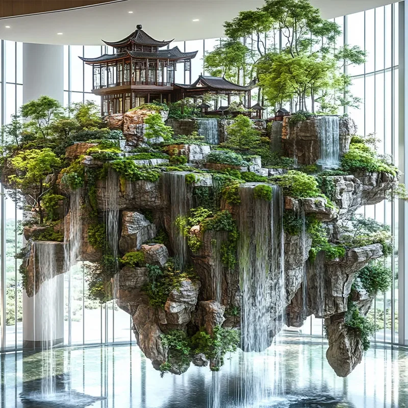 Landscape simulation large-scale hanging water rockery money temple landscape landscaping shopping mall hotel hanging device