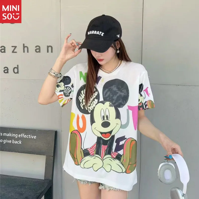 

Disney 2025 Mickey Ice Knit, Korean White Round Neck Tee for Women