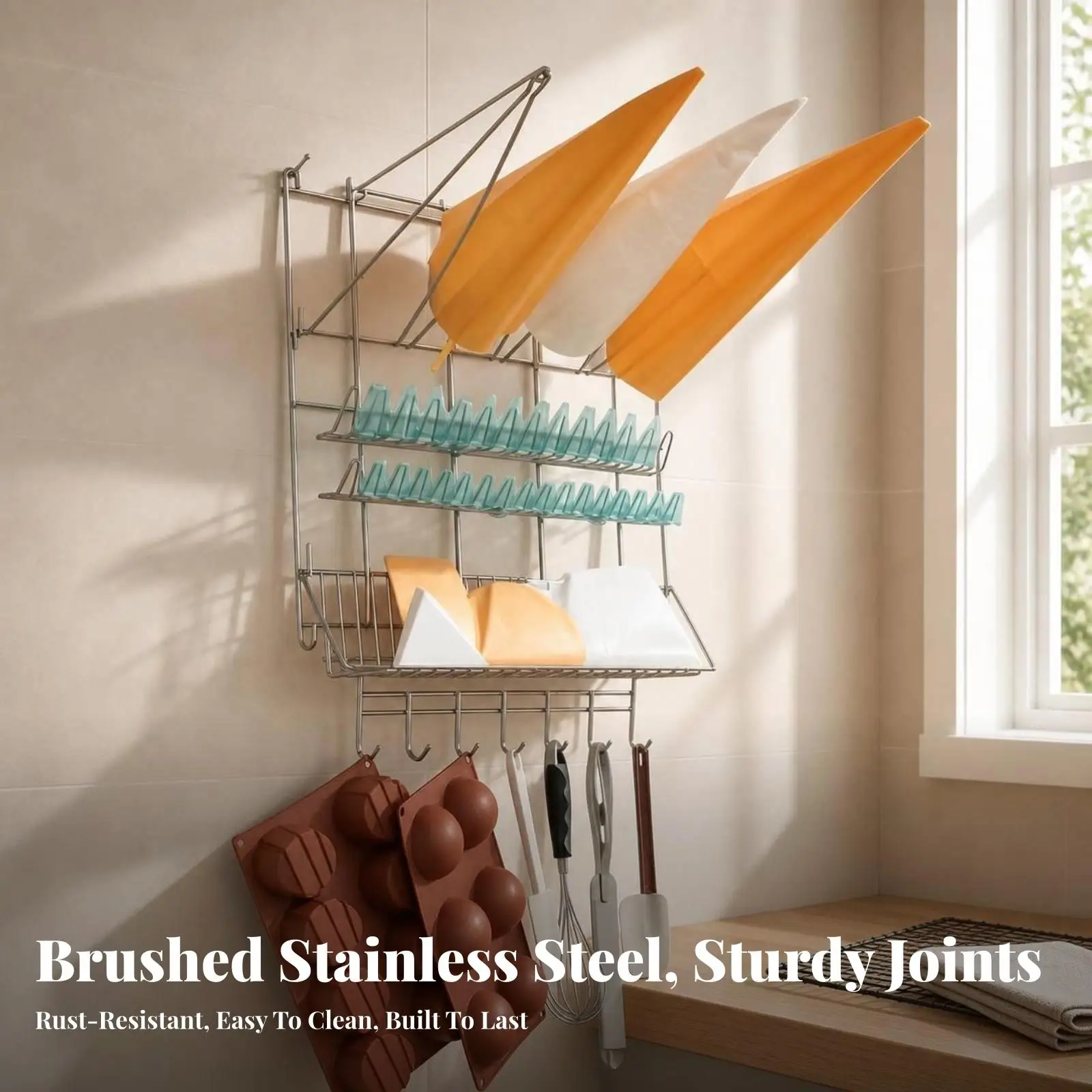 Stainless Steel Industrial Rack Wall Mounted Pastry Bag Drying Rack with Slotted Area and Hooks for Bakery Kitchen Organizer