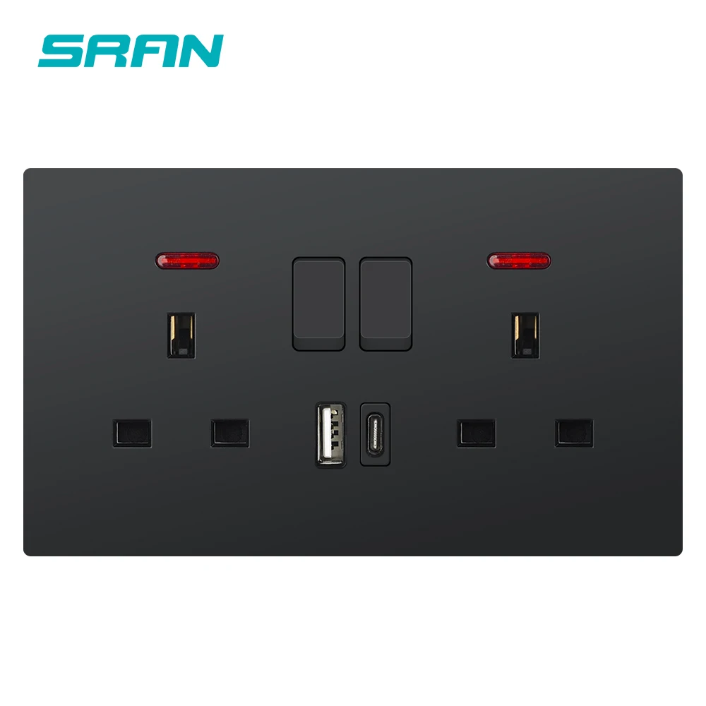 SRAN Wall Electrical Socket and Switch UK 3pin plug 13A, 86*89/146mm Plastic Panel, Universal Electrical Outlets with usb