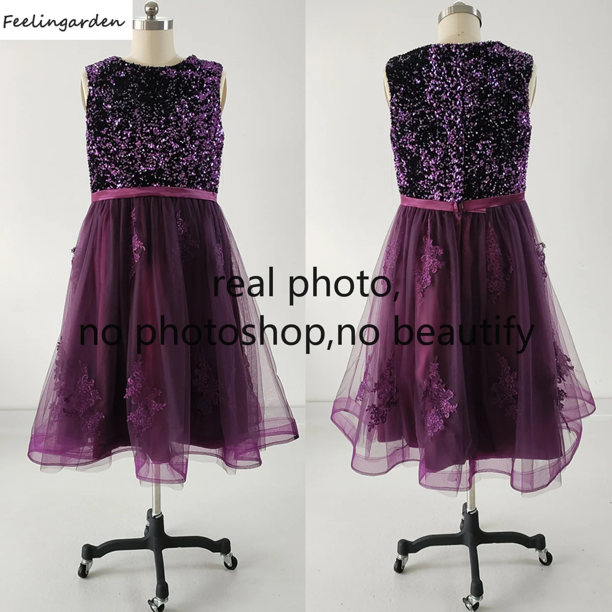 

Feelingarden Prom Dresses Real Photo Plus size Purple Sequins Tulle vestidos de gala O-neck Tea-length Women Party Formal Gowns