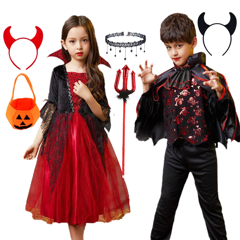 

Girls Ghost Bride Vampire Dress Kids Boys Costume Performance Halloween Cosplay Children Birthday Party Dress Witch Clothes
