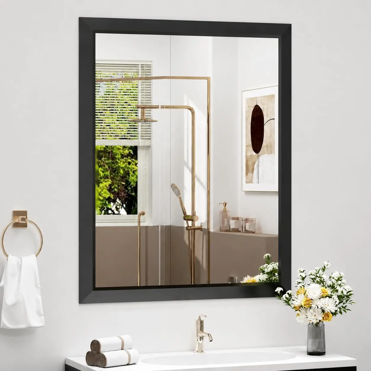 Matte Black Bathroom Mirror for Over Sink 24x 36 inch, Metal Thick Frame RecVanity Mirror for Wall, Anti-Rust, Horizontally or V