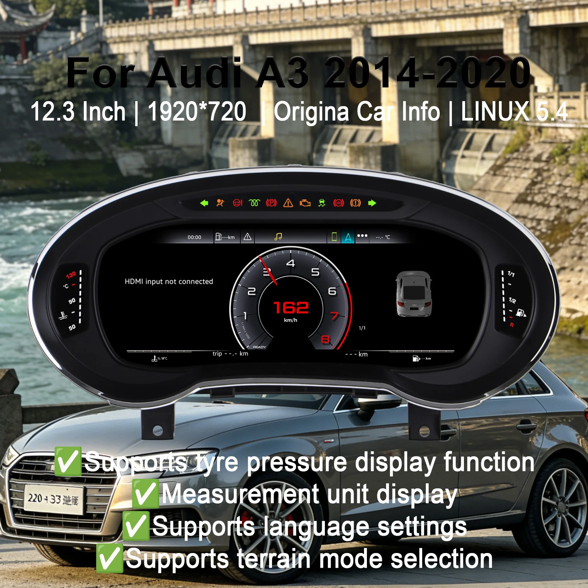 

Digital Instrument Cluster For Audi A3 2014-2020 CarPlay Android Auto Speedometer,Dashboard,Gauge,12.3'' HD virtual cockpit LCD