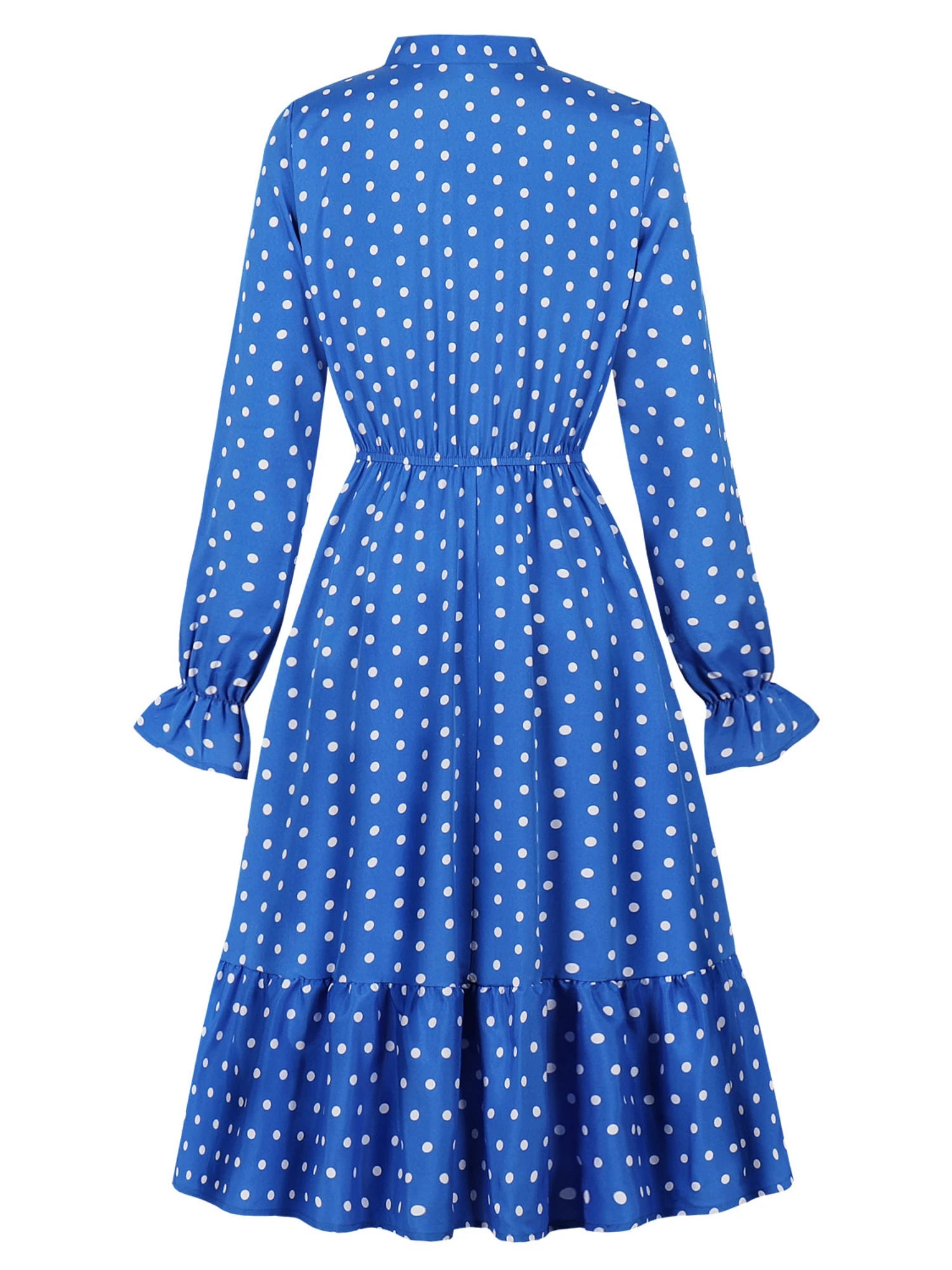 French countryside style blue wavelet point versatile skirt Spring and Autumn style bow tie neck slim fit dress