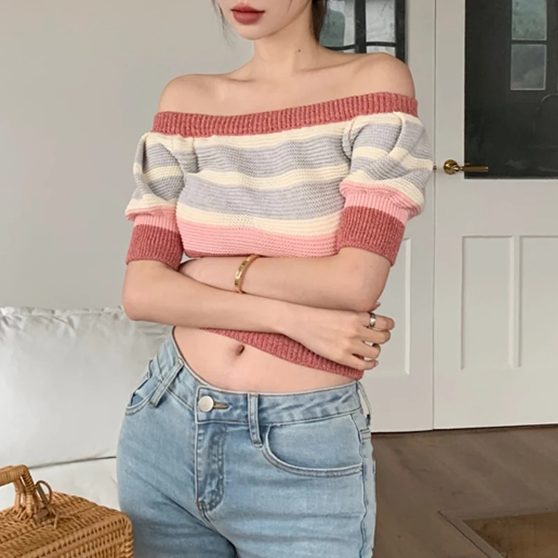 Women Clothing 2024 Summer Trendy Vintage Striped Sexy Off Shoulder Knitwear Female Casual Sweet Y2K Short Sleeve Slim Crop Tops