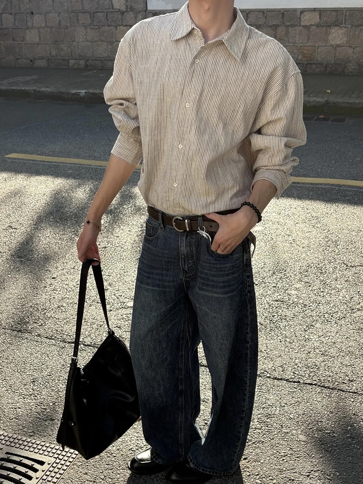 Loose Fit Korean Style Men's Striped Shirt Fashionable Oversize Breathable Cotton Long Sleeve Button up Casual Top