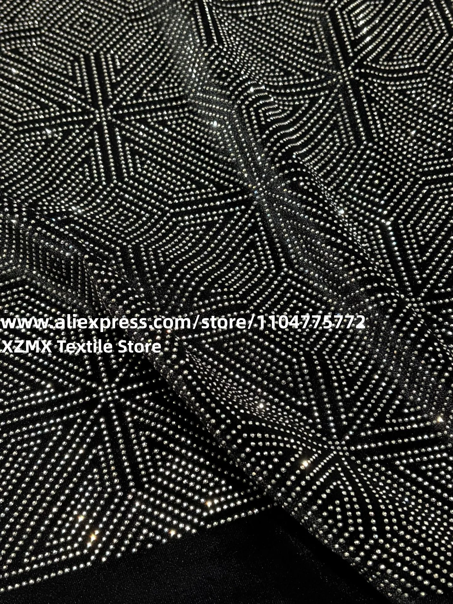 Black Velvet Rhinestone Fabric Geometric Diamond Pattern Hot Fix Rhinestone Fabric for Evening Dress,Stage Costume DIY Sewing