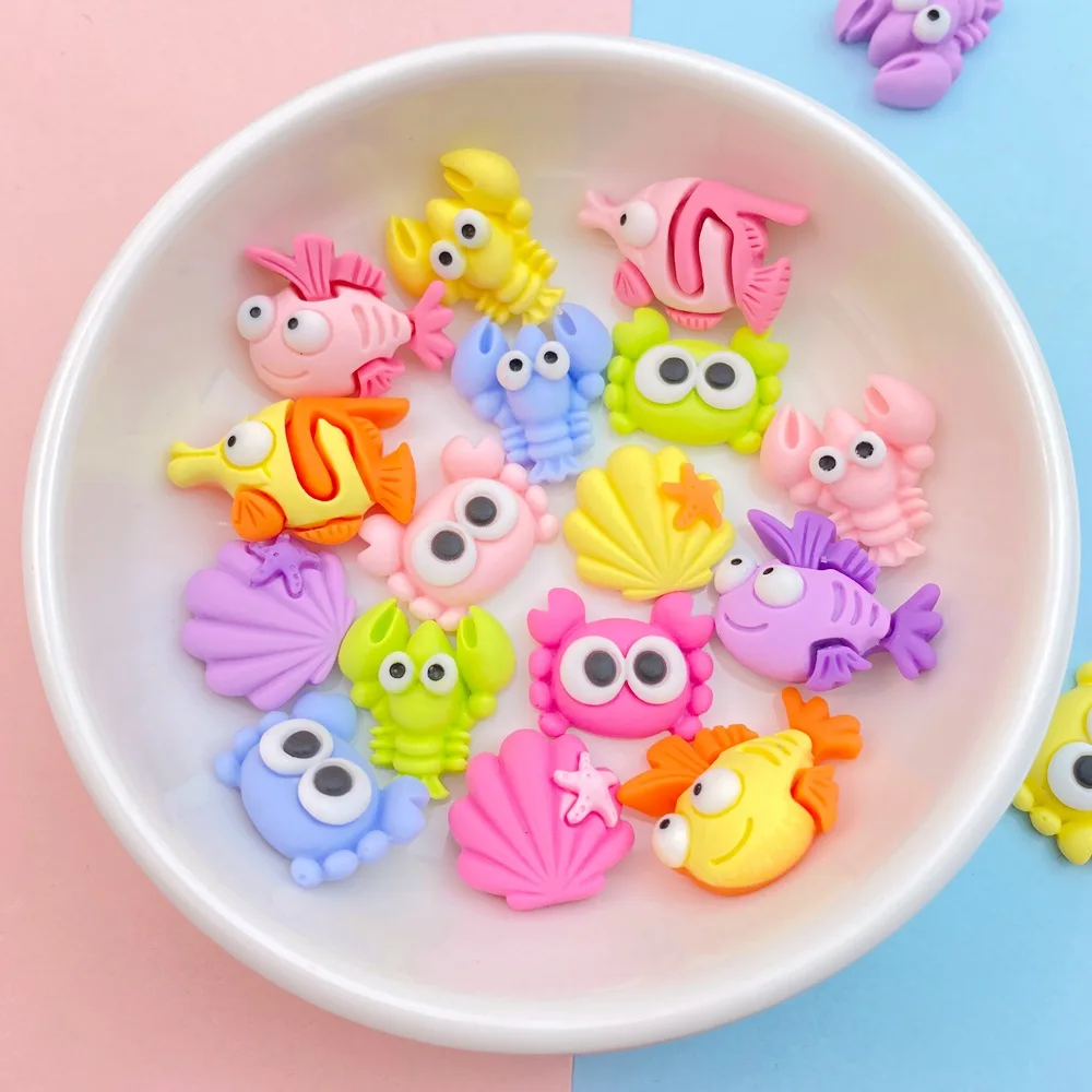 10 Stück neue süße Cartoon Harz Krabbe, Hummer, Fisch Ozean Serie flache Rückseite Teile Verzierungen für Haars chleifen Nagel Zubehör