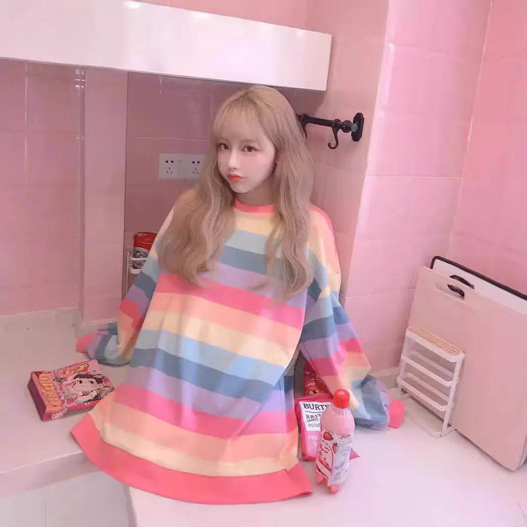 

Autumn and Winter Striped Long Sleeved Base Sweatshirt, Women's Korean Version Trendy Wide Pine Plain Stay Thin Top Jacket