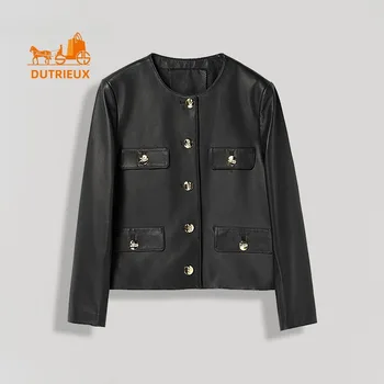 แจ็กเก็ตของรองเท้าหนังแท้สตรีเสื้อโค้ทหนังแกะคอกลมสั้นหรูหราแจ็คเก็ตหนังวัวอบอุ่นแบบใหม่สำหรับการเดินทางในฤดูหนาว