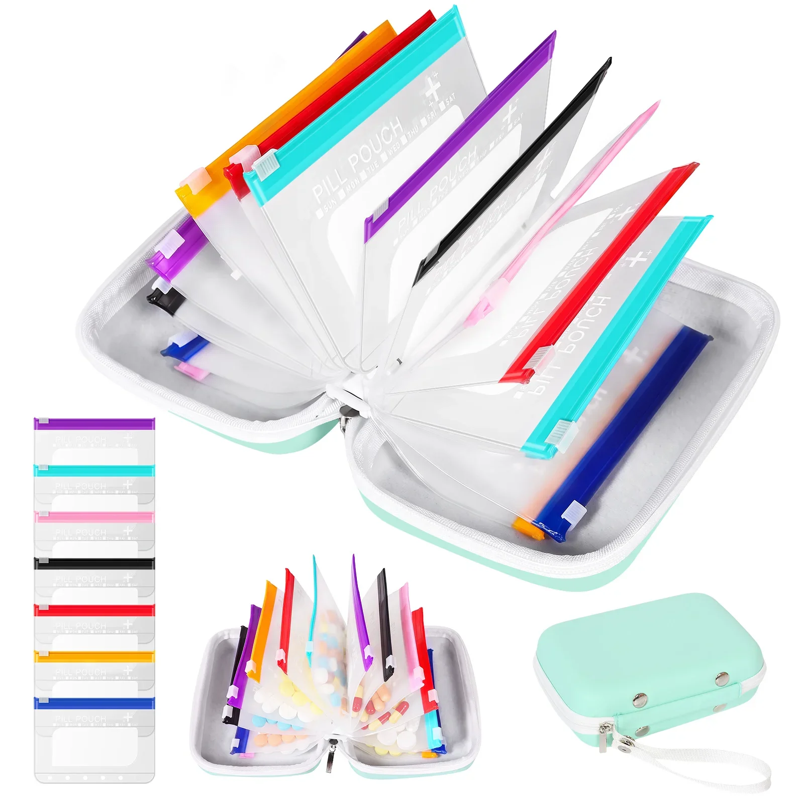 Waterproof Pill Organizer Set 14 Pouch Weekly Pill Organizer Color Coded Pill Pouch Portable Vitamins Supplements Pouch Set