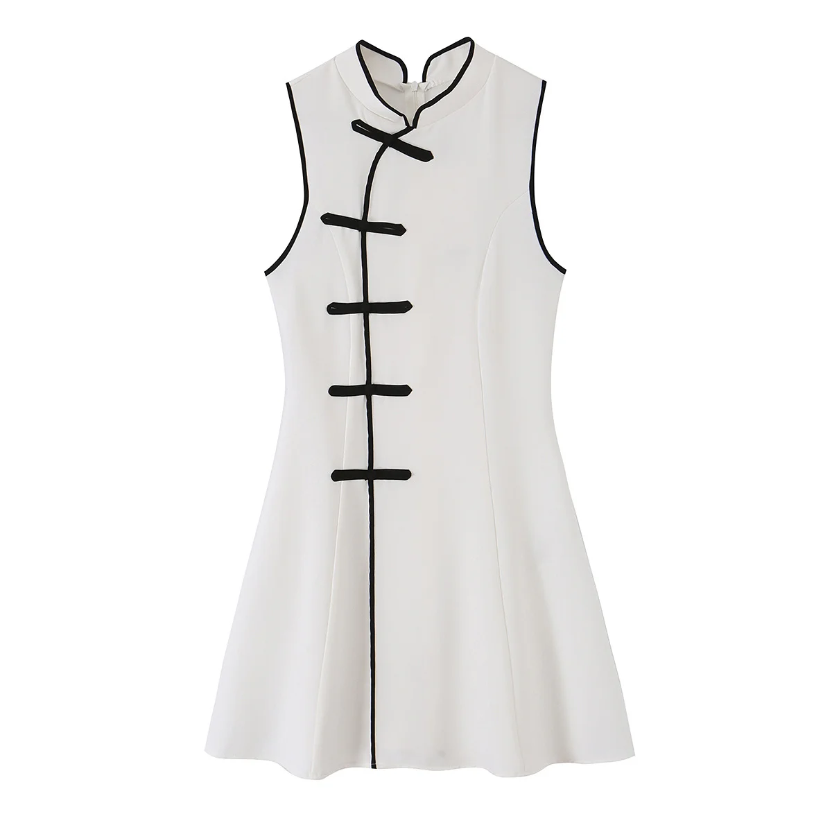 2026 Summer Women's Elegant Sleeveless Qipao-style White Mini Dress Lady Vintage A-line Modern Cheongsam Contrast Piping Robe