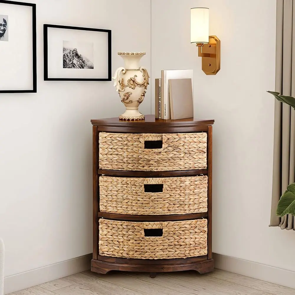 Hampton Meadows 3 Tier X-Side Table Cabinet, Walnut | 3 Wicker Storage Baskets, Quarter Round, or Small Spaces