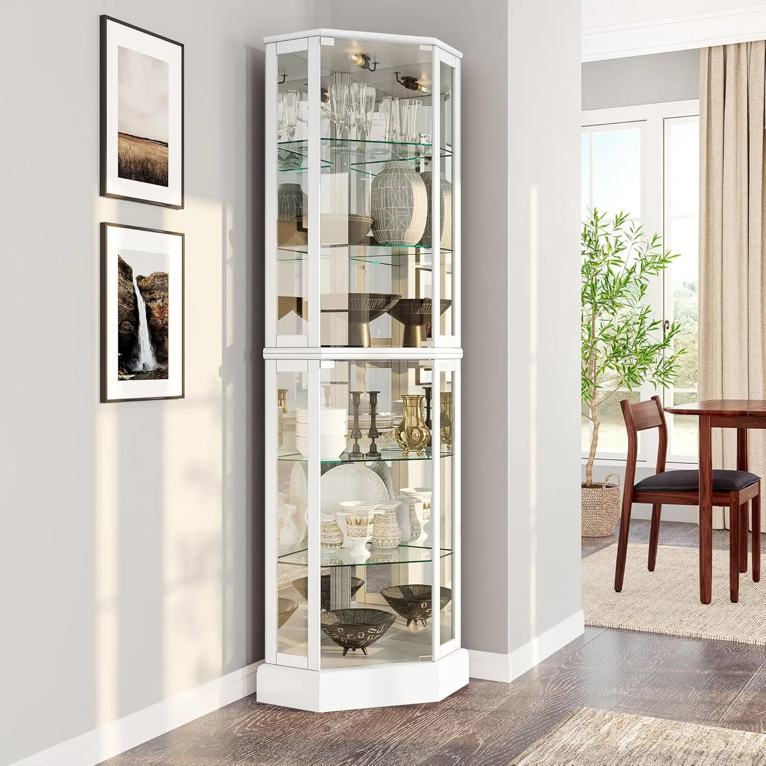 Lighted 3-Side Glass Display Curio Cabinet with Tempered Glass Doors and Shelves, Curved Wood Corner Cabinet with Bulb (White)