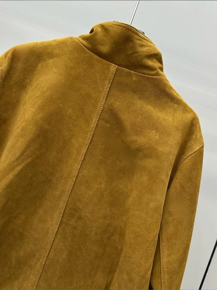 เสื้อแจ็คเก็ตหนังแท้สำหรับผู้หญิง คอตั้ง แขนยาว สไตล์ลำลอง แฟชั่นไฮสตรีท เสื้อคลุมตัวนอก แต่งผ้าหนังกลับและหนังแกะ เสื้อโค้ทสั้นสำหรับผู้หญิง