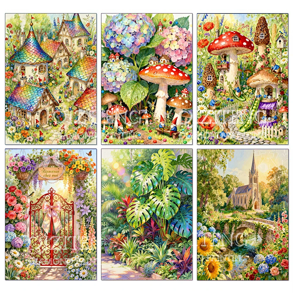 DIY Diamant-Malerei Märchenhaftes Pilzhaus Niedlicher Hund Garten-Landschaft Vollständiges Strass-Mosaik Stickerei Heim-Deko Geschenk