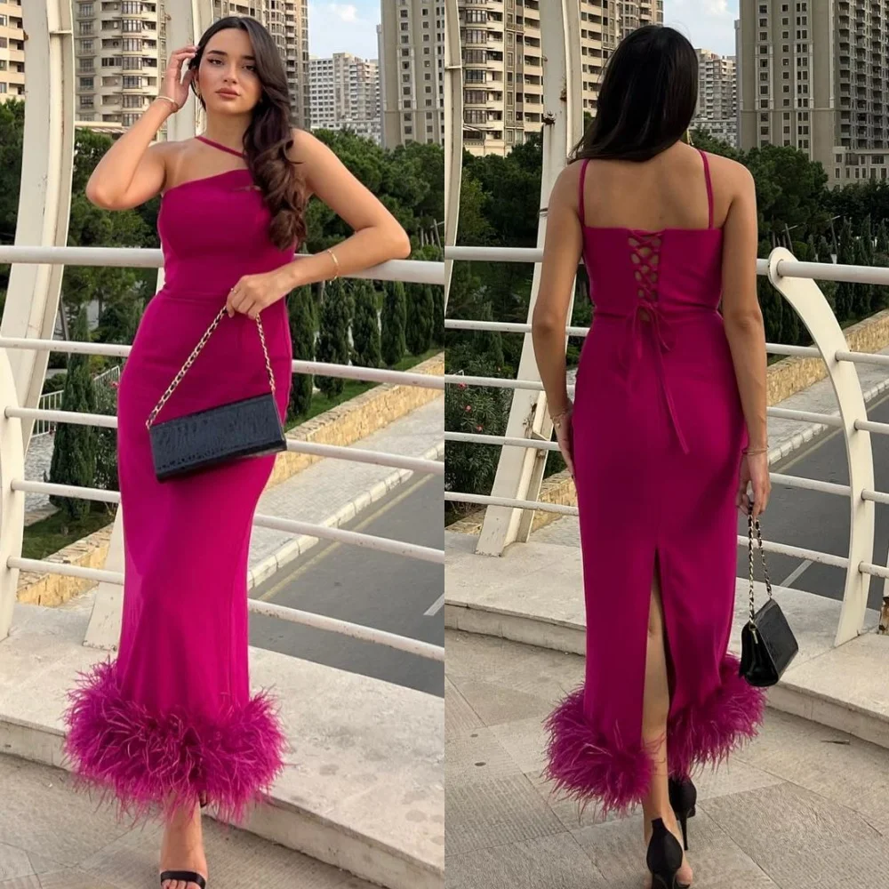 Customized Unisex Pastrol Jersey Feather Pleat Straight Spaghetti strap Midi Dresses Bespoke Occasion Dresses High Quality