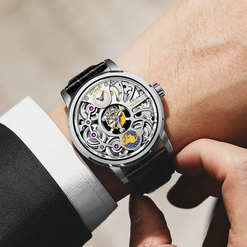 Haofa Modules-Montre pour Homme, Tourbillon, Rotation Earth 316, Acier Inoxydable, Cuir d'Alligator, Quatre Ressorts, 120 Heures de Puissance, 1938