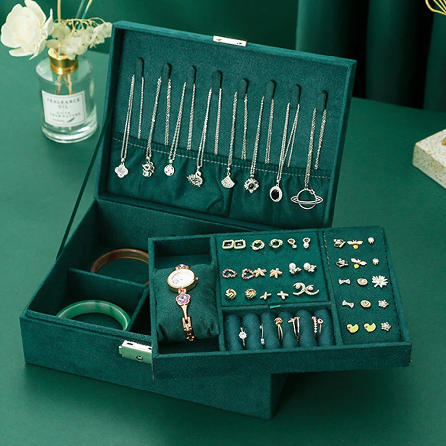 Vintage Velvet Jewelry Box Double Layer Large Capacity Necklace Bracelet Watches Earrings Ring Storage Boxes Jewellery Organizer