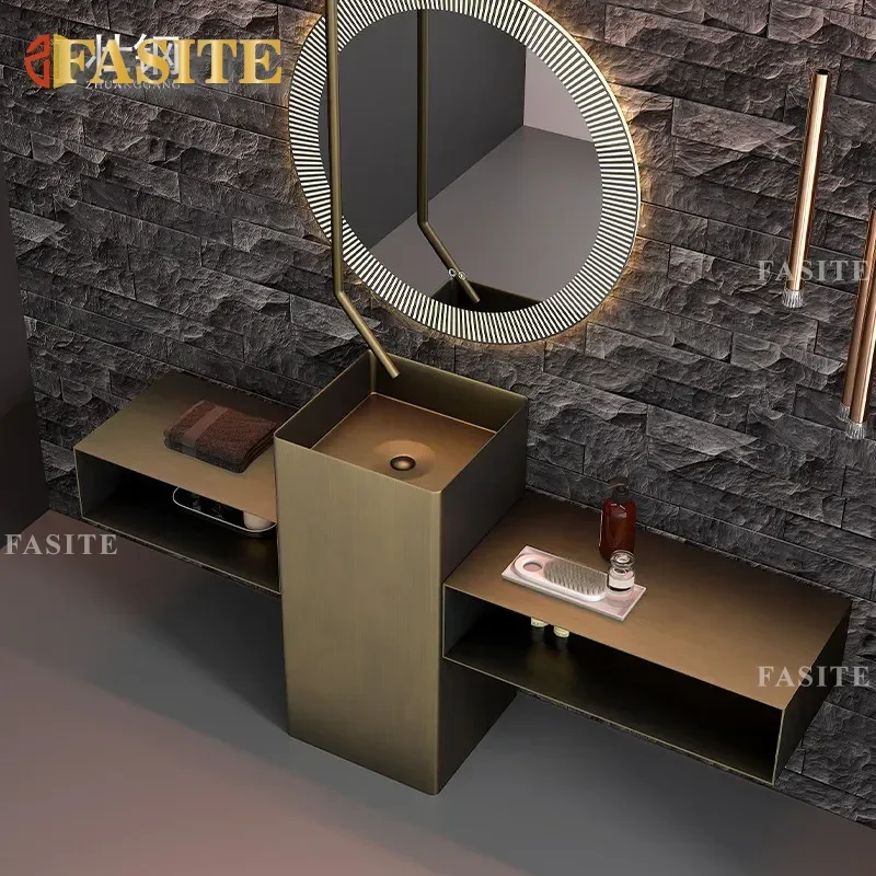 High End Villa New Chinese Style Creative Column Washbasin Stainless Steel Floor to Ceiling Washbasin