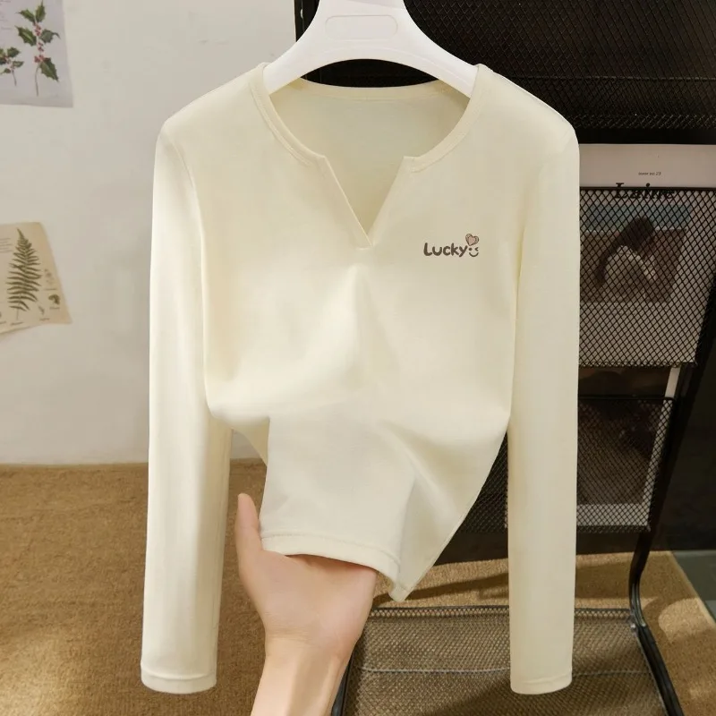 Womens Petite Spring Autumn V Neck Long Sleeve T Shirt Lucky Print Shoulder Fit Inner Basic Top