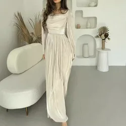 Elegant Satin Pleated Long Dress Women Fashion Solid Color Sexy Slim Puff Long Sleeve Maxi Dresses Party Evening Robes Lady Gown