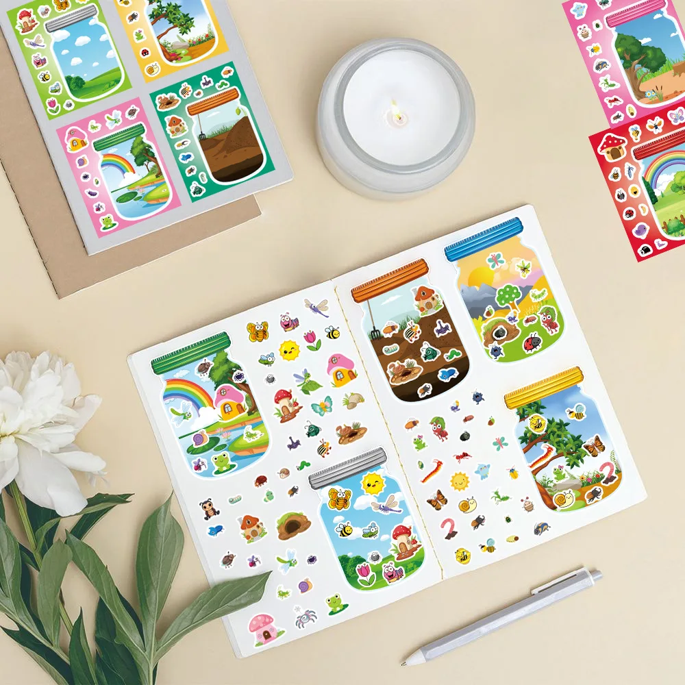8Pcs Cartoon Bottle World Hand Account Change Puzzle Stickers Handmade Puzzle Creative Decorative Waterproof Sticker