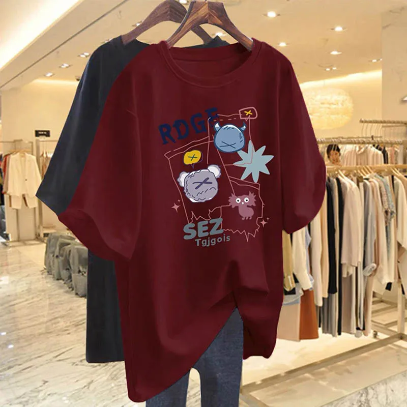 여성 의류 세련된 우아한 낙서 인쇄 티셔츠 여름 캐주얼 루즈 퓨어 코튼 반소매 티 Office Lady Basic Tops