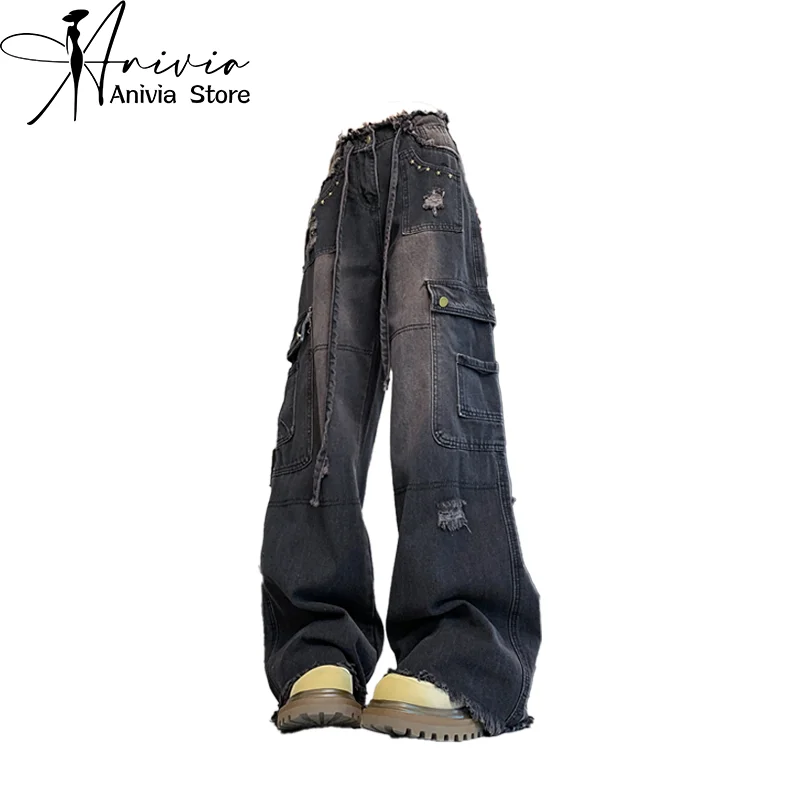 

Women's Black Gothic Cargo Jeans Baggy Vintage Ripped Cowboy Pants Harajuku Oversize Denim Trousers 90s Y2k 2000s Trashy Clothes
