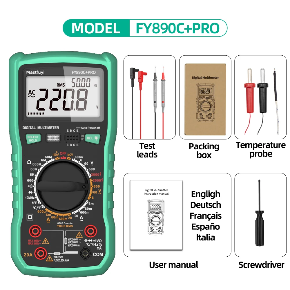 MASTFUYI 2000V 20A Extra groot bereik digitale multimeter Fotovoltaïsche multimeter True RMS multifunctionele alles-in-één machine