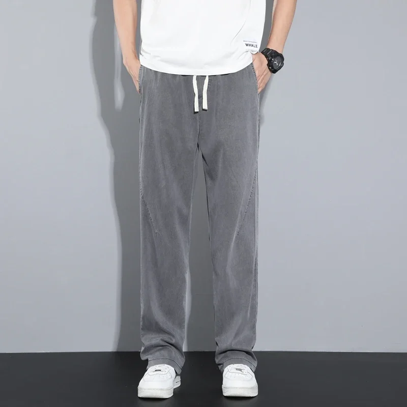Summer Soft Lyocell Ice Silk baggy Men's Jeans Thin Loose Straight Pants Drawstring Elastic Waist Korea Casual Solid black Male