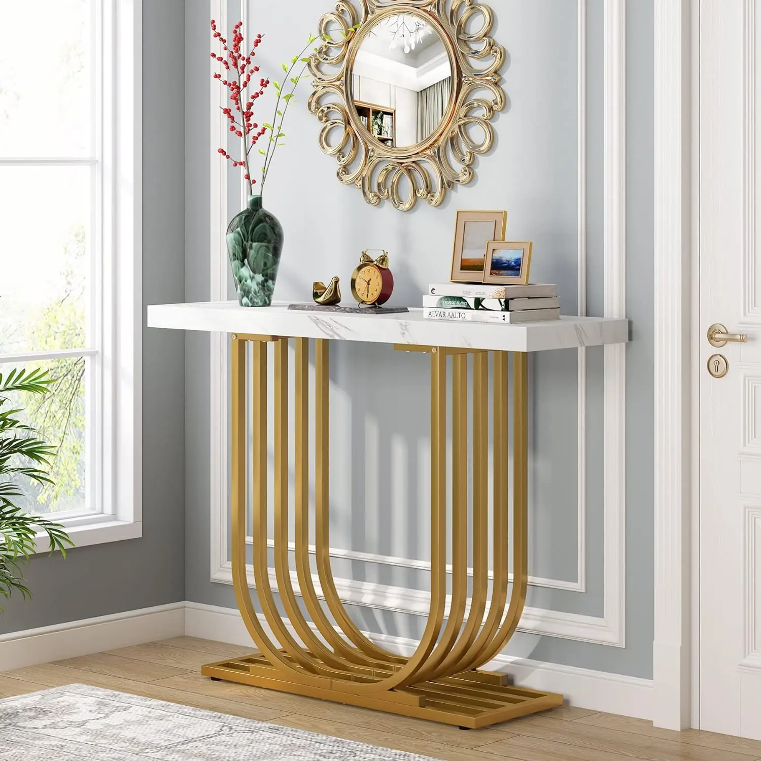 Mesa console com base de ouro, mármore falso Entryway Foyer mesa, sofá sotaque mesa para sala de estar corredor, branco e dourado, 39,4 polegadas