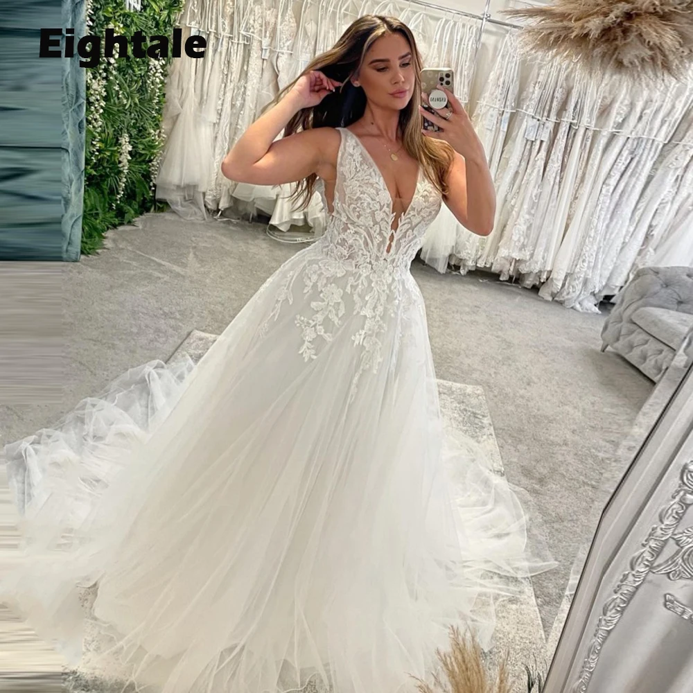 Eightale Vintage Wedding Dresses Lace V-Neck Appliques A-Line Tulle White Ivory Backless Bridal Gowns Vestido De Novia