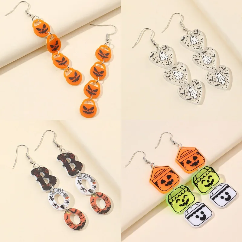 Original Design Halloween Elements Bat Ghost Pumpkin Spider String Acrylic Pendant Ladies Earrings