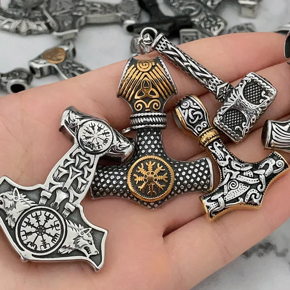 Multi-style Vintage Viking Thor\'s Hammer Pendant Necklace Stainless Steel Nordic Valknut Compass Necklace for Men Amulet Jewelry