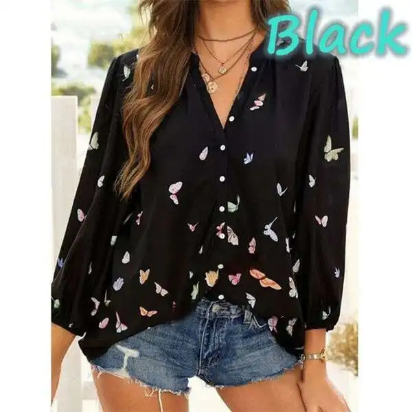 Popular high-quality women's spring plus size tops fashion long-sleeved lapel blouse butterfly print shirt plus size clothing