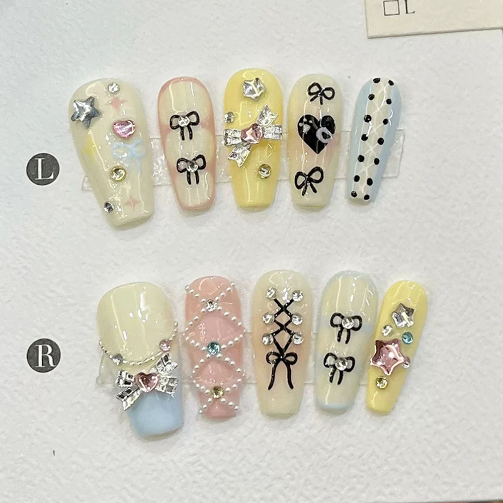 10Pcs Sweet Cool Long Coffin Almond Handmande Wearable Nail 3D Flower Snake Silver Mirror Powder Bowknot Party Nail Sticker