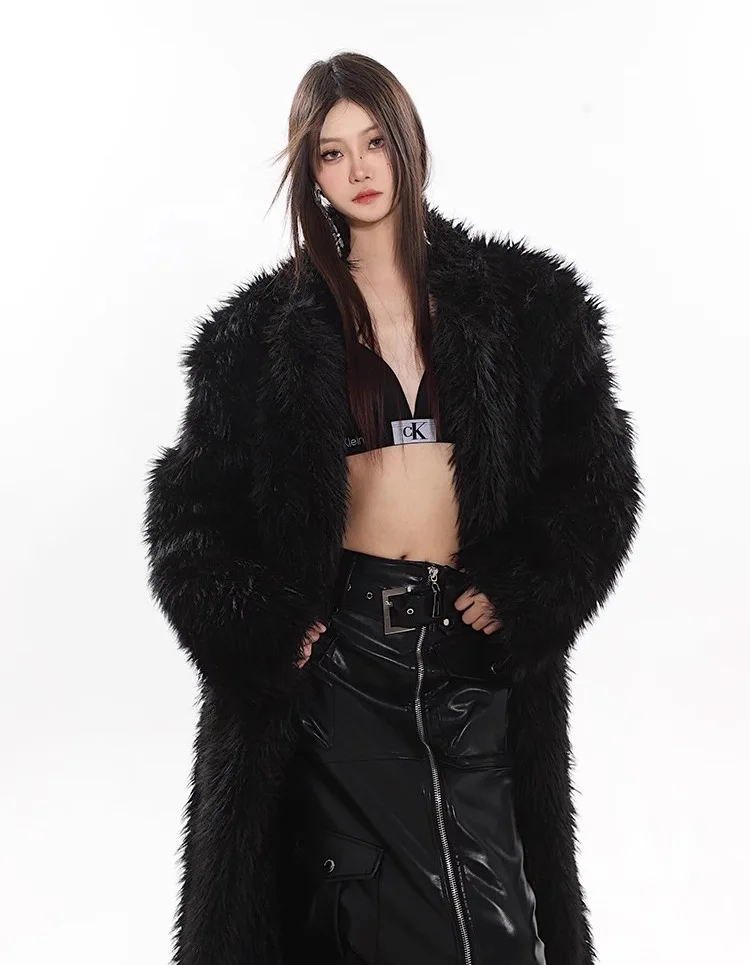 Winter Long Black Hairy Shaggy Fluffy Thick Warm Soft Stylish Faux Lamb Fur Coat Beach Wool Long Coat Toka Roll Wool Trench Coat