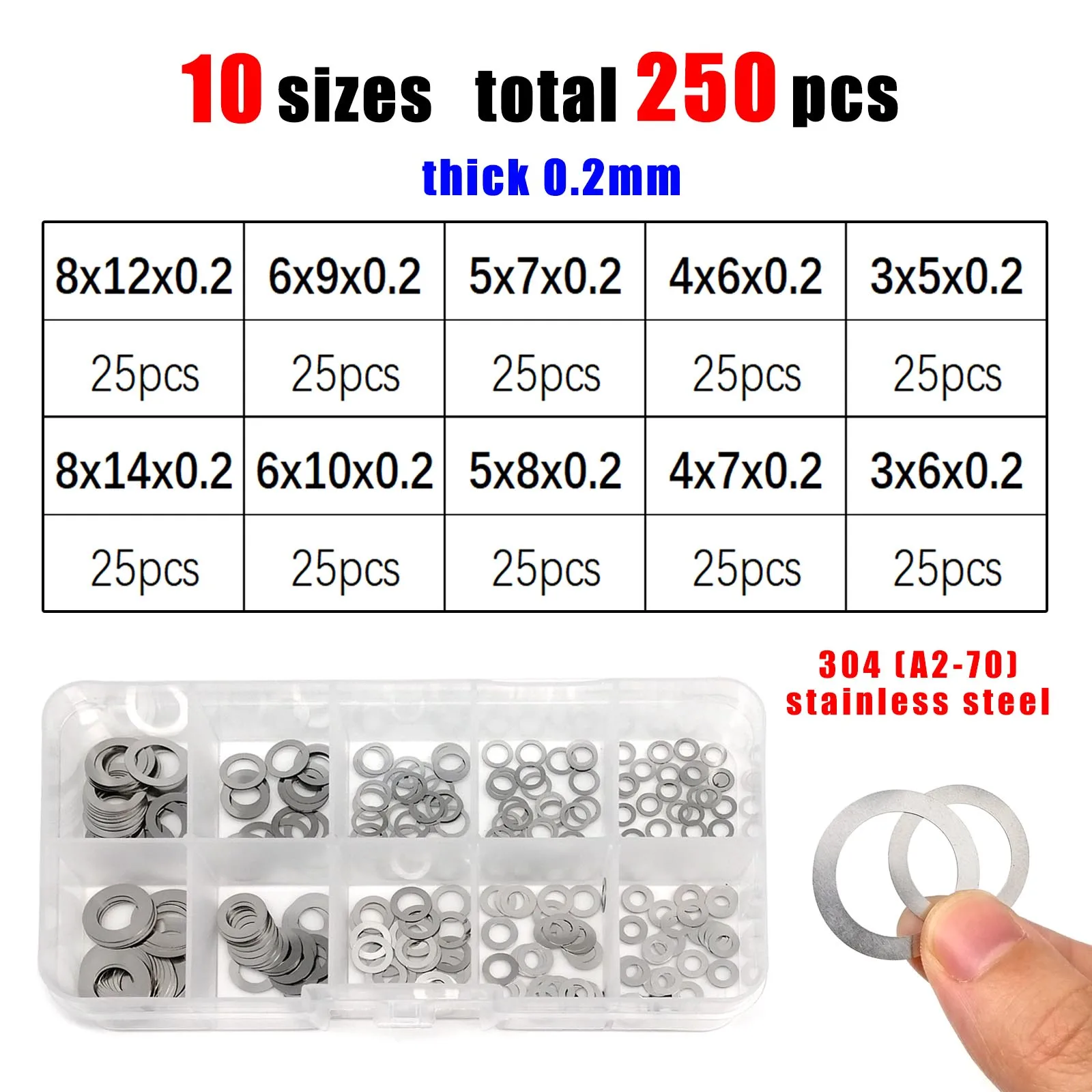 1 Box ultradünne, verstellbare Unterlegscheiben, verschiedene Größen: 0,1 mm, 0,2 mm, 0,3 mm, M3 bis M20, ultradünnes Flachdichtungsset, Edelstahl 304 – Detail 4