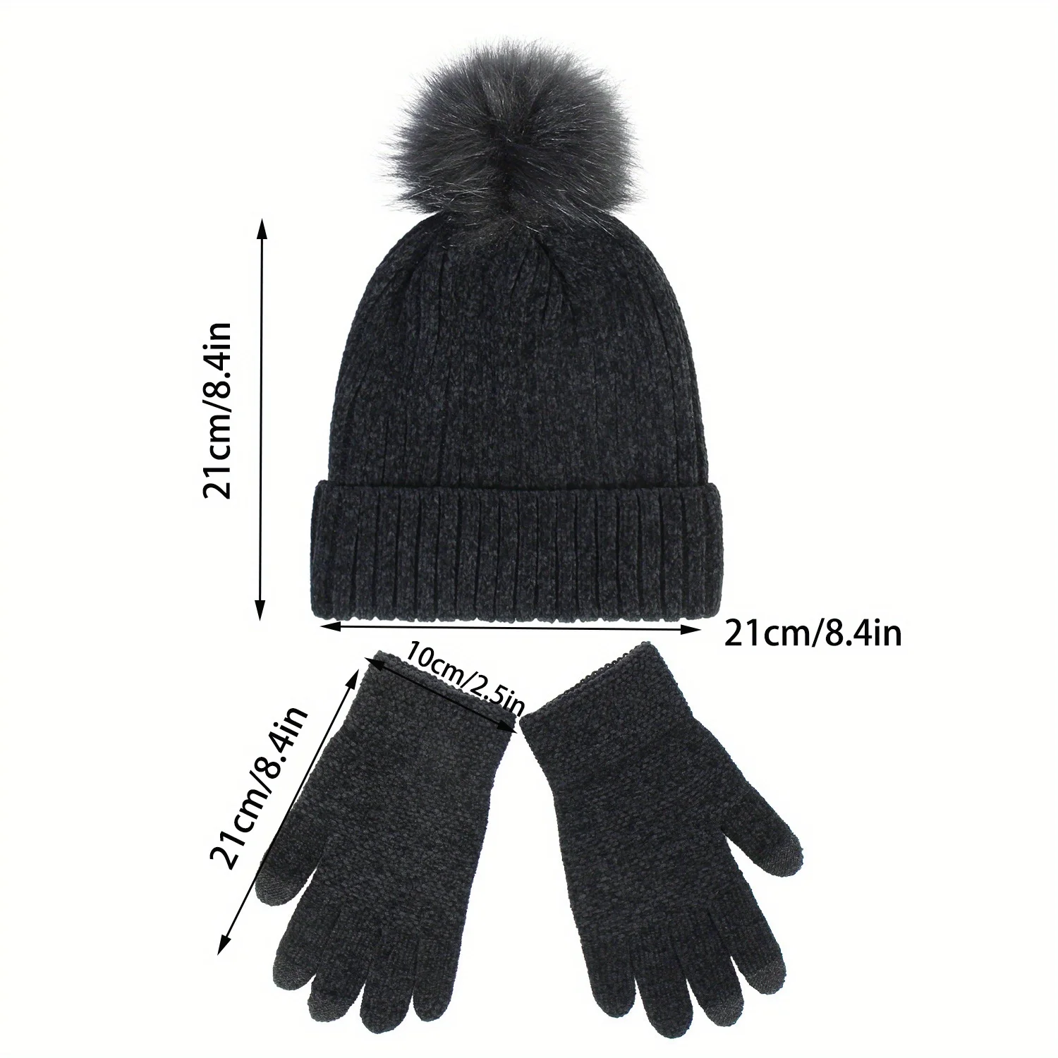 Chenille Knit Hat And Gloves Set Pom Pom Design Thickened Warm Winter Accessories For Women Girls Autumn Fashion