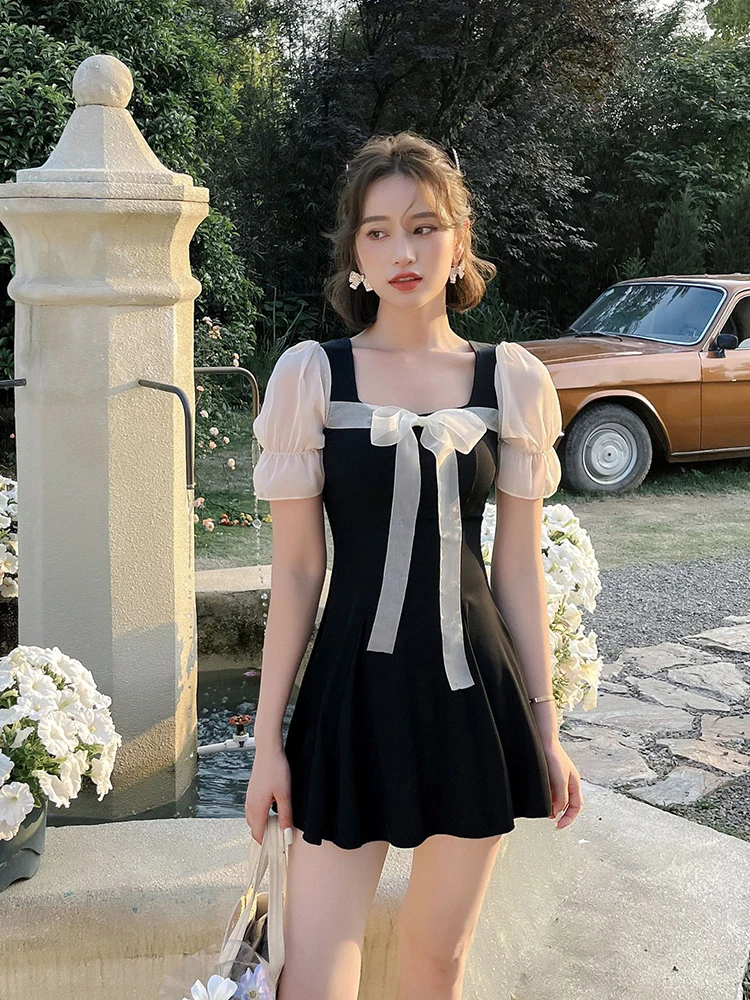 Short Pluff Sleeve Swimsuit Female Bow Tie Square Collar 2022 New Korean One-piece A Line Dress Student Vacation Swimwear Ladies