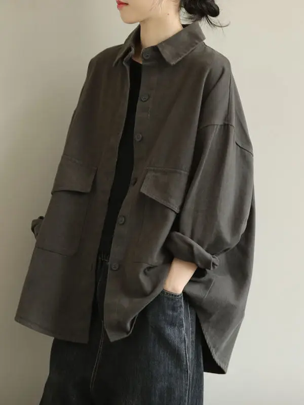 

Retro plus Size Loose Long Sve Casual Pure Color Women's Spring Autumn Jaet Cover Belly Versatile Comfortable irt