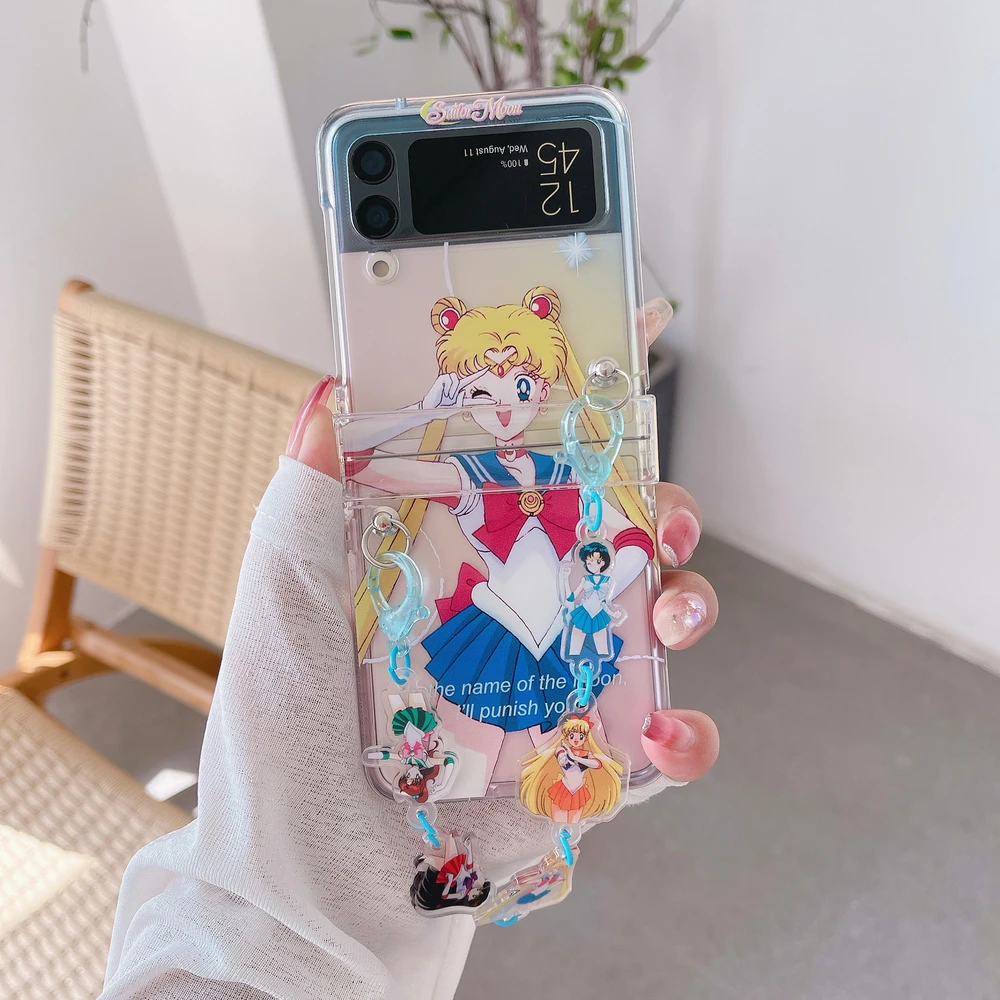 Cute Cartoon Japan Anime Sailor Moon Tsukino Usagi Phone Case For Samsung Galaxy Z Flip 7 6 5 4 3 Soft TPU Cover With Lanyard