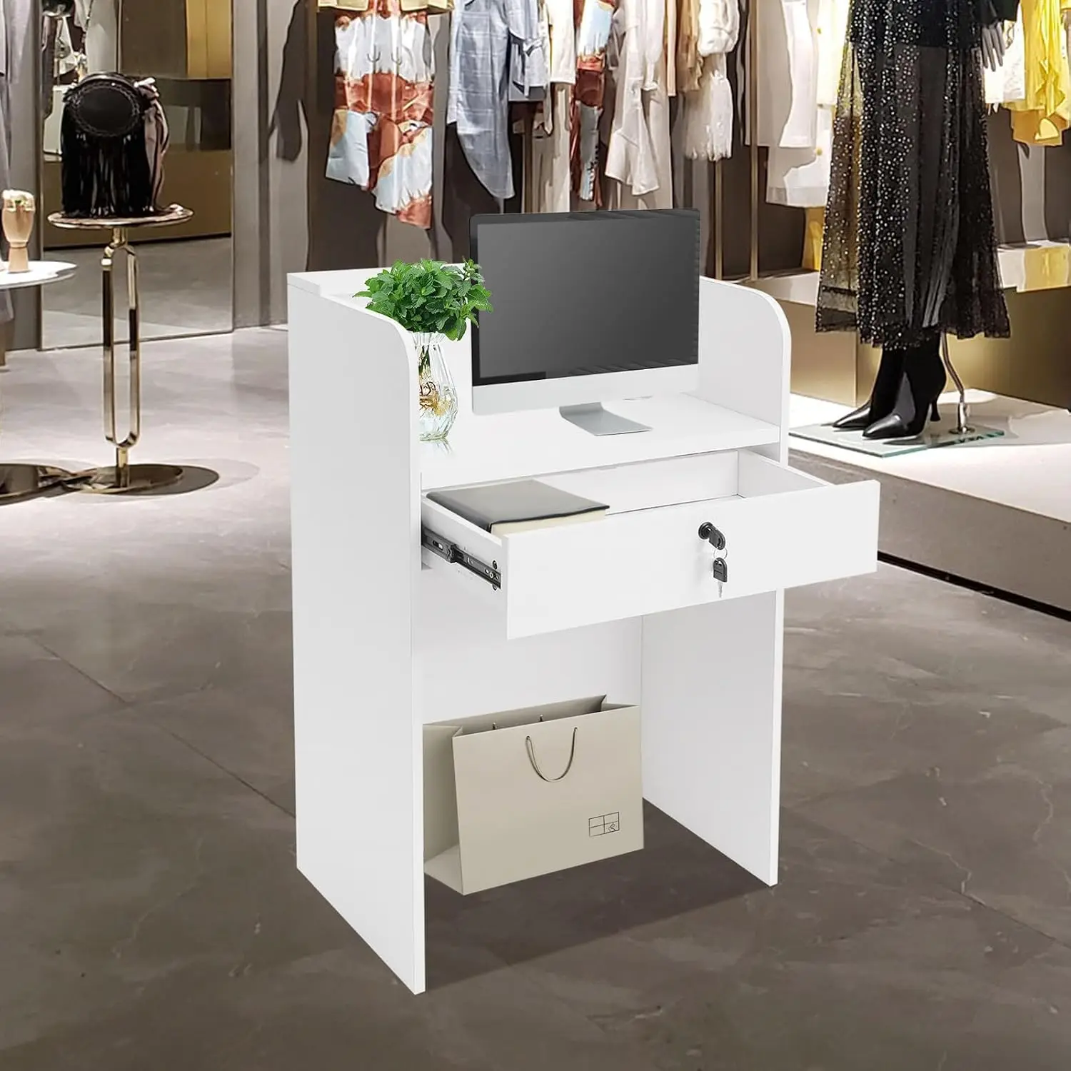 Small Reception Desk with Counter LED Light, Small Reception Desk with Lockable Drawer for Offices, Restaurants, and Hotels 23.6 view 3