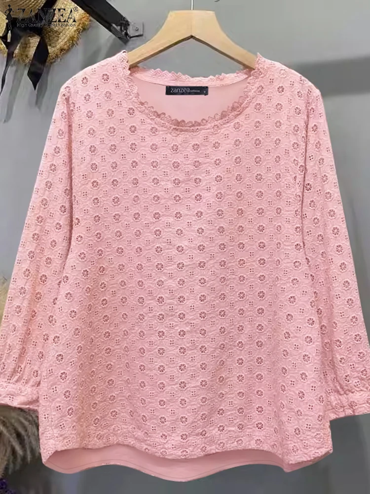 Vintage Hollow Embroidery Tops ZANZEA Women Solid Blouse 2025 Spring 3/4 Sleeve Cotton Blusas Female Daily Wear Clothes Oversize