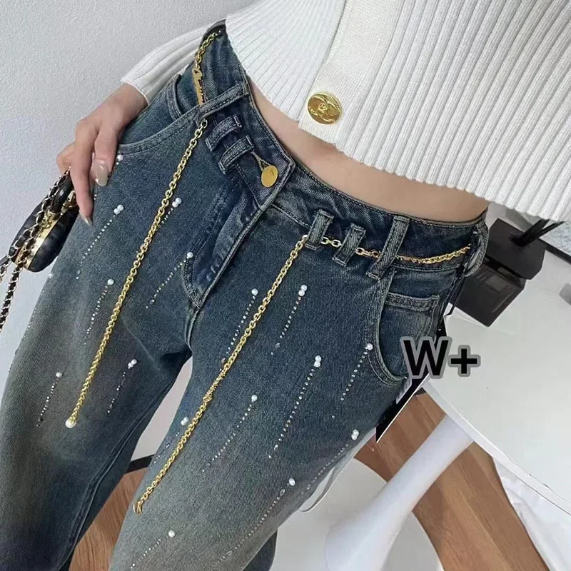 Spring New Loose Wide Leg Jeans for Women European Products Ins Hot Diamond Pants 2025 High Waist Versatile Floor Pants