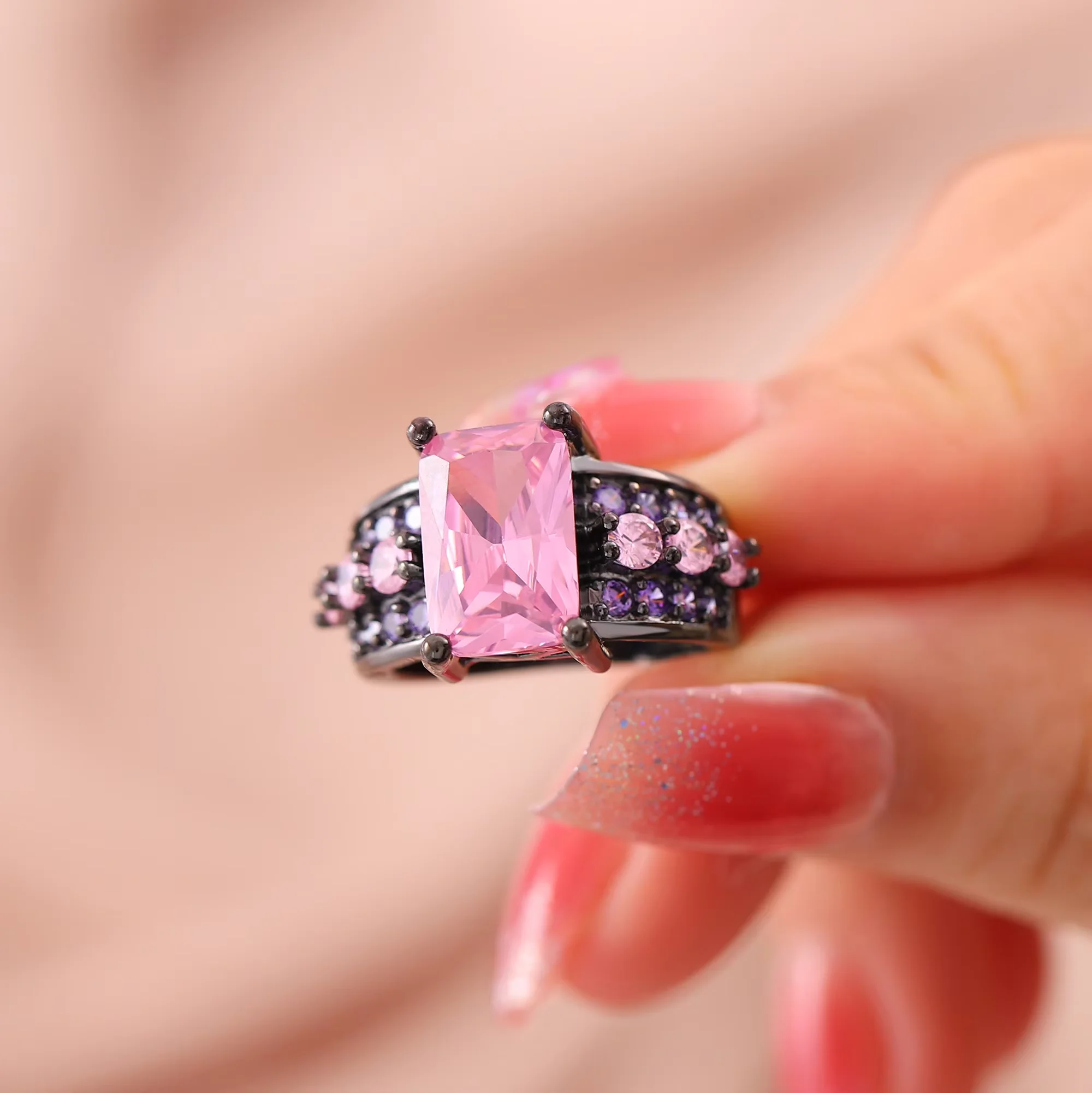 Модное черное позолоченное квадратное циркониевое кольцо, винтажное ювелирное изделие, Женское кольцо на день рождения, годовщину, подарок