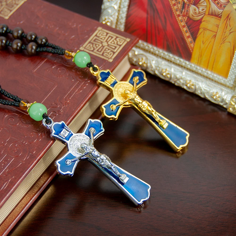 HTISOK Orthodox Corss Pendant with Blue Enamel Gold-plated Jesus Necklace Zinc Alloy Pendant Wooden Rosary Chain Religious Gift